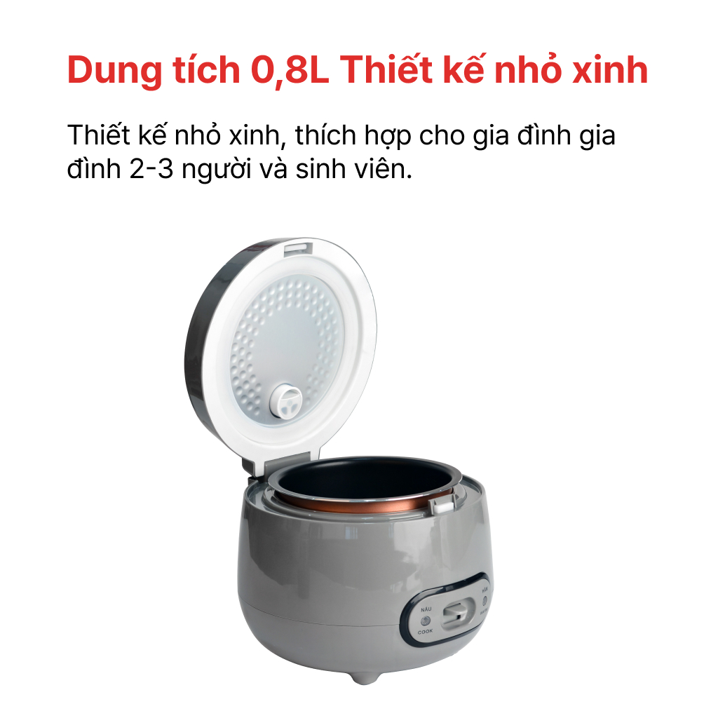 Nồi cơm điện nắp gài 0.8L Happy Cook HCJ-080G - Hàng Chính Hãng
