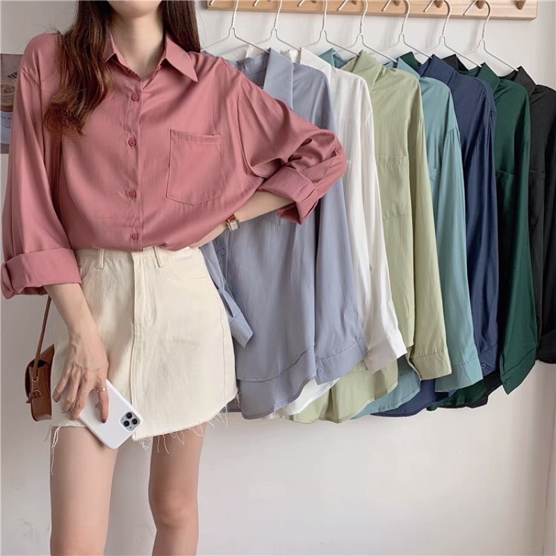 áo sơ mi nữ nam form rộng tay dài trắng 1 túi basic kiểu hàn, áo sơ mi unisex năng động trẻ trung