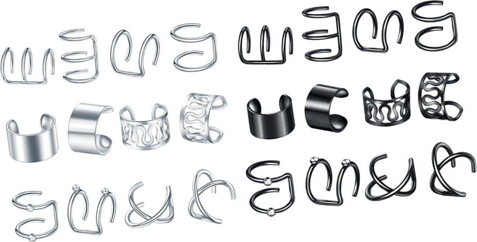 12 Pairs Ear Cuff Helix Ear Clip On Wrap Earrings Unisex Silver Black