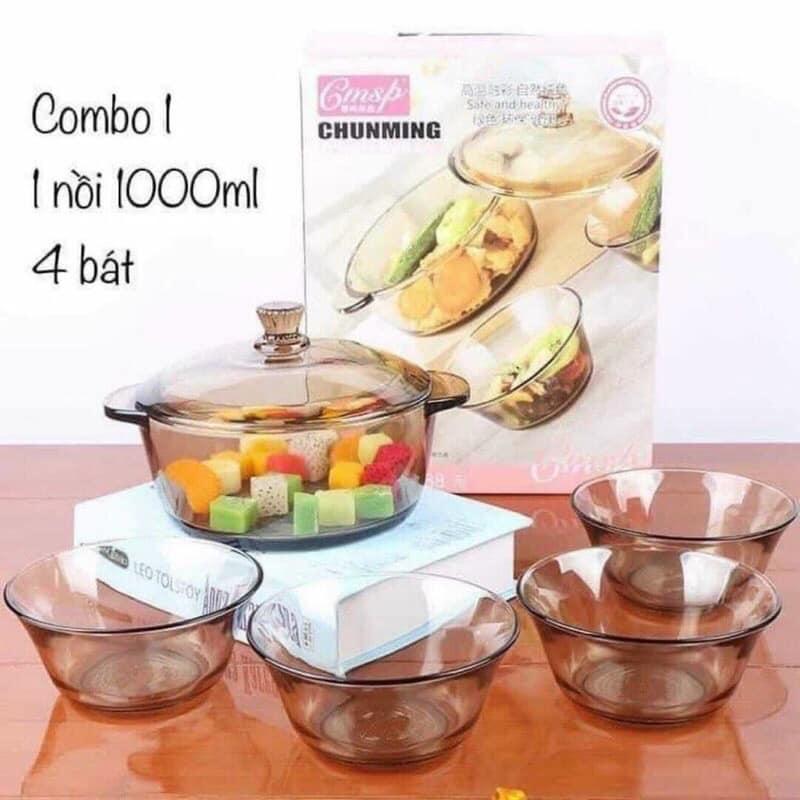 Bộ bát thủy tinh 5 món kèm nồi cực chất, ảnh thật