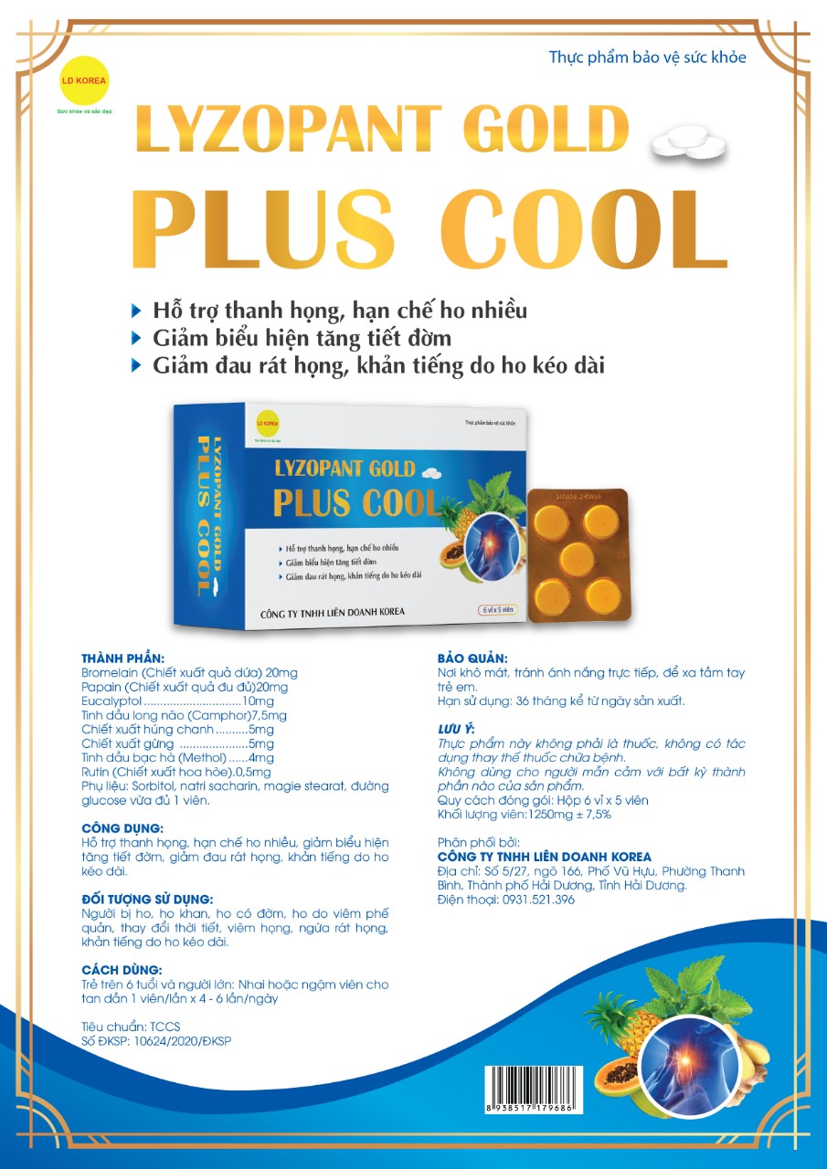 Viên ngậm giảm ho "Lyzopant Gold Plus Cool" (hộp/30 viên) hỗ trợ thanh họng, hạn chế ho nhiều, giảm biểu hiện tăng tiết đờm, giảm đau rát họng, khản tiếng do ho kéo dài.