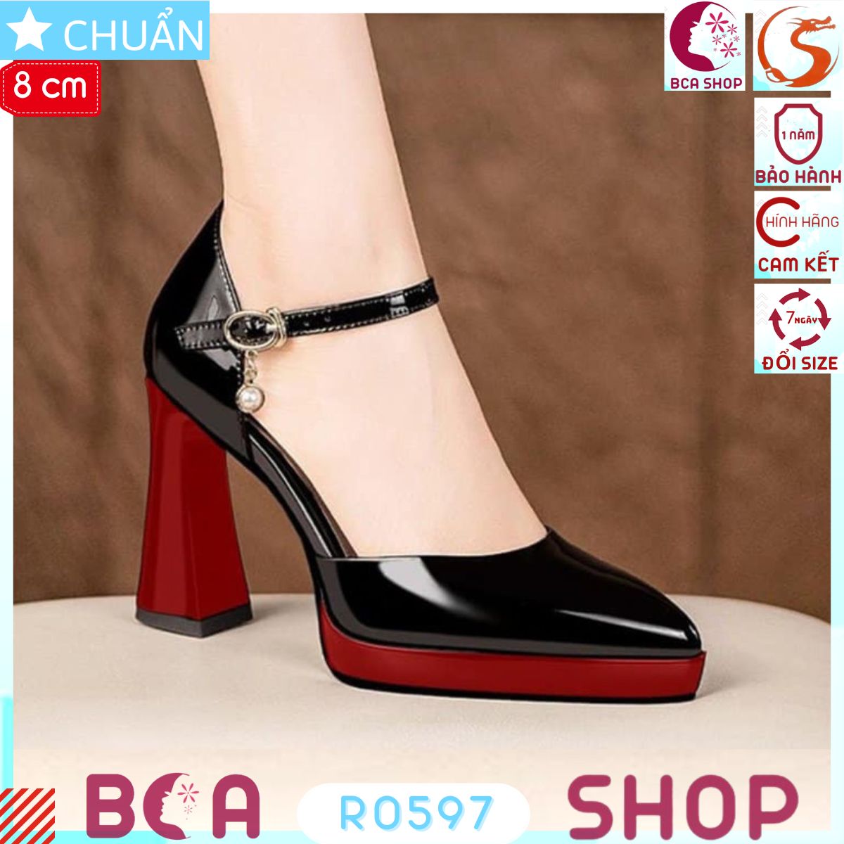 Giày cao gót nữ cao gót 8 phân RO597 ROSATA tại BCASHOP bề mặt đen bóng phối đế và gót màu nhìn độc đáo và sang trọng