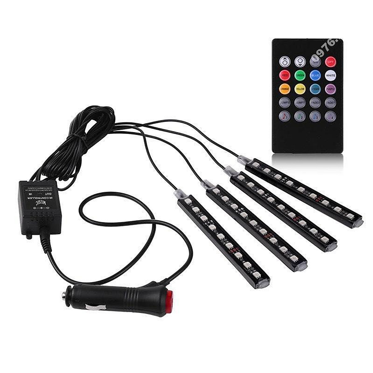 Bộ đèn Led cảm biến NHẤP NHÁY THEO NHẠC 4 thanh 9 bóng lắp gầm ghế ô tô có Remote