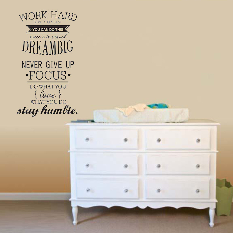 Decal dán tường Tiếng anh ý nghĩa và tạo động lực Work Hard - Dream Big - Never give up (57 x 100 cm)