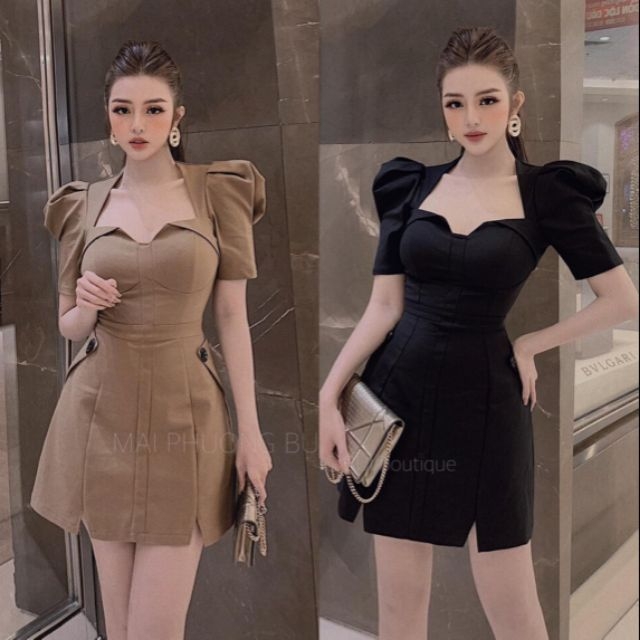 Đầm Xoè Nhẹ Tay Phồng Cổ Kiểu Lai Xẻ V Nhỏ Hàng Thiết Kế