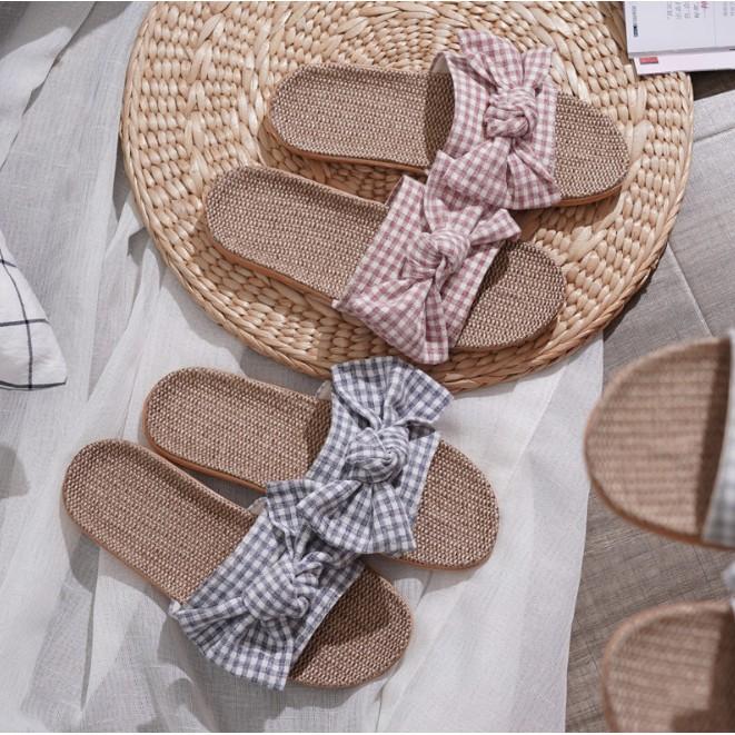 Dép Cói Quai Vải Phối Nơ Caro