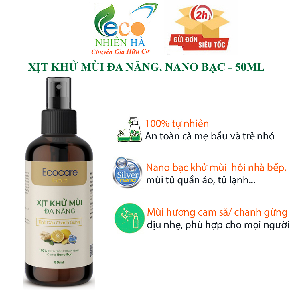 Xịt khử mùi đa năng ECOCARE 50ml tinh dầu thiên nhiên Nano bạc, khử mùi nhà bếp tủ quần áo