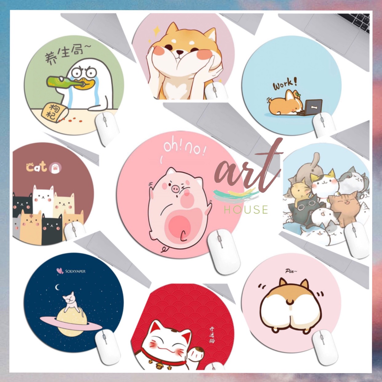 Miếng Lót Chuột Mouse Pad Tròn Dùng Trong Văn Phòng Học Tập Mẫu Hoạt Hình Cute
