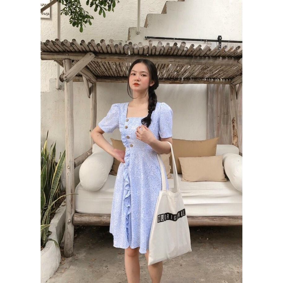 Đầm hoa nhí xanh, Váy hoa nhí xanh dự tiệc Cao Cấp chấm bi trắng, đính nút cổ vuông tay ngắn dáng xòe, có dây cột eo