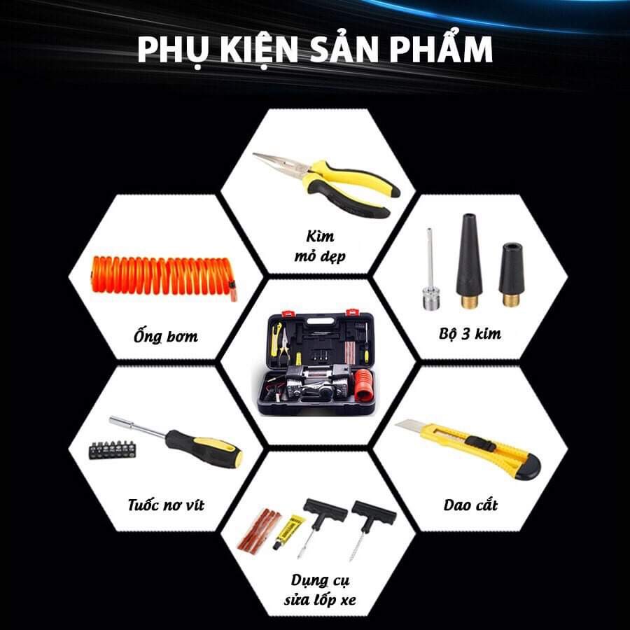 Bơm lốp xe ô tô 2 xi lanh công suất lớn 280W kèm hộp đựng dụng cụ - Máy Bơm Lốp Xe Hơi đồng hồ điện tử hiển thị áp suất lốp