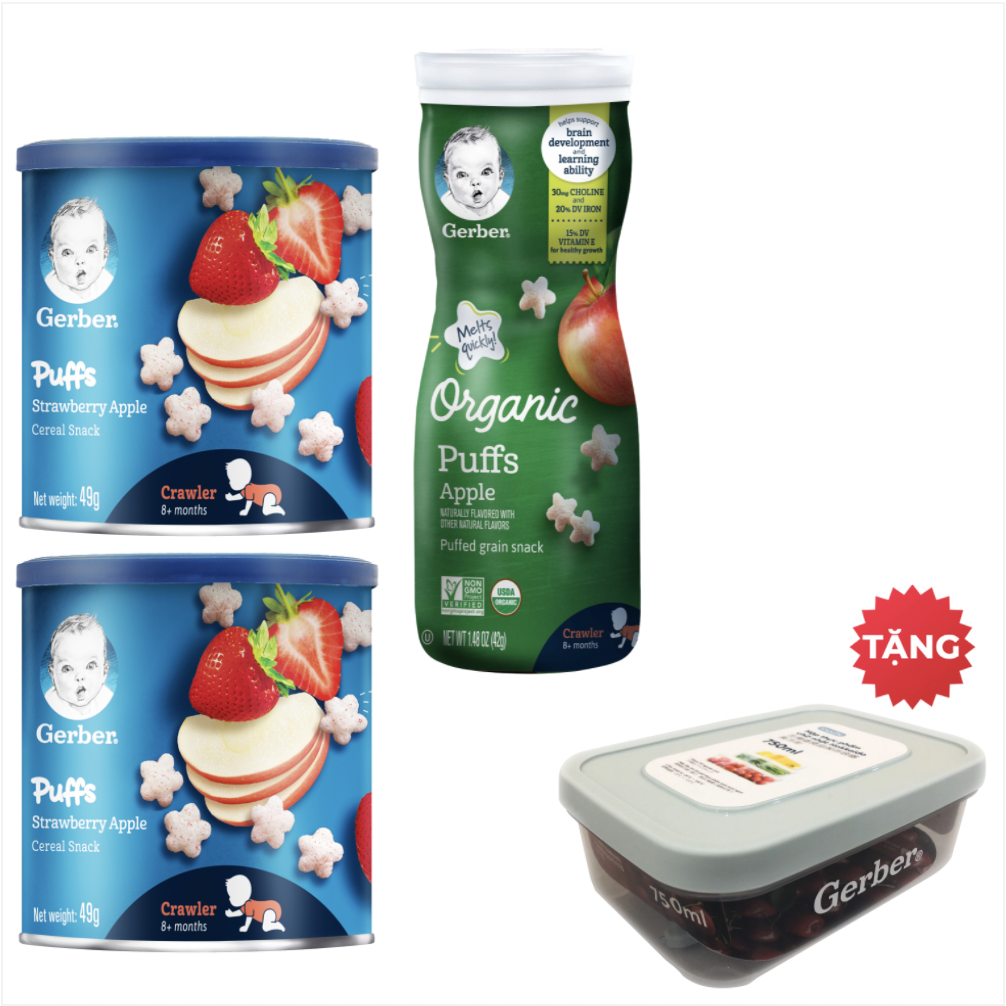 Combo 03 (2 Gerber Puffs Dâu Táo + 1 Gerber Organic Táo) TẶNG Hộp Nhựa Lưu Trữ Thức Ăn