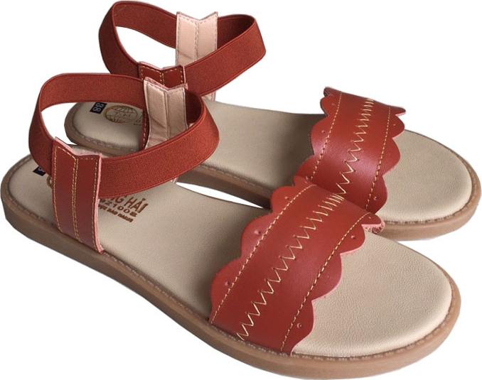 Giày sandal nữ đế bệt Trường Hải quai ngang da bò thật màu nâu đế kếp mềm không trơn SDN0334 HÌNH ẢNH THẬT