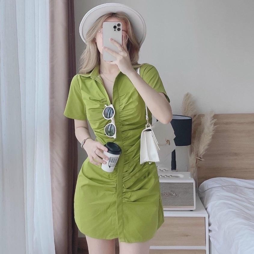 Đầm sơ mi nữ thời trang thiết kế nhún eo cài nút