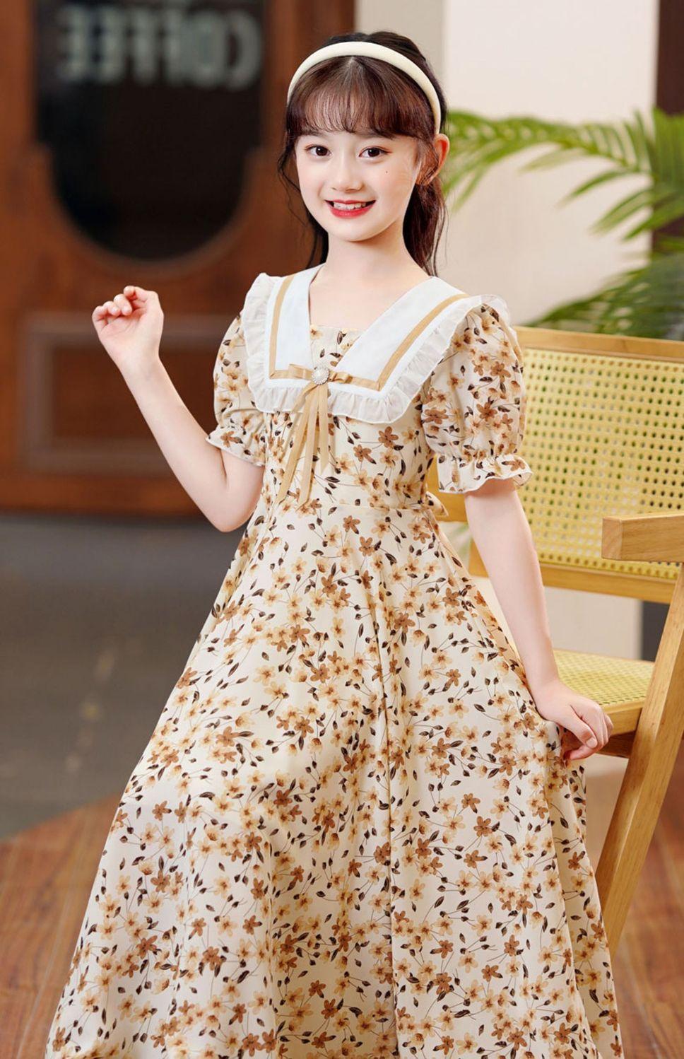SHUANGYAN Cô gái lớn bé mùa hè váy bong bóng tay áo đầm cô gái nhỏ mùa hè phong cách phương Tây váy sinh viên ngọt ngào trên đầu gối hoa đầm dài