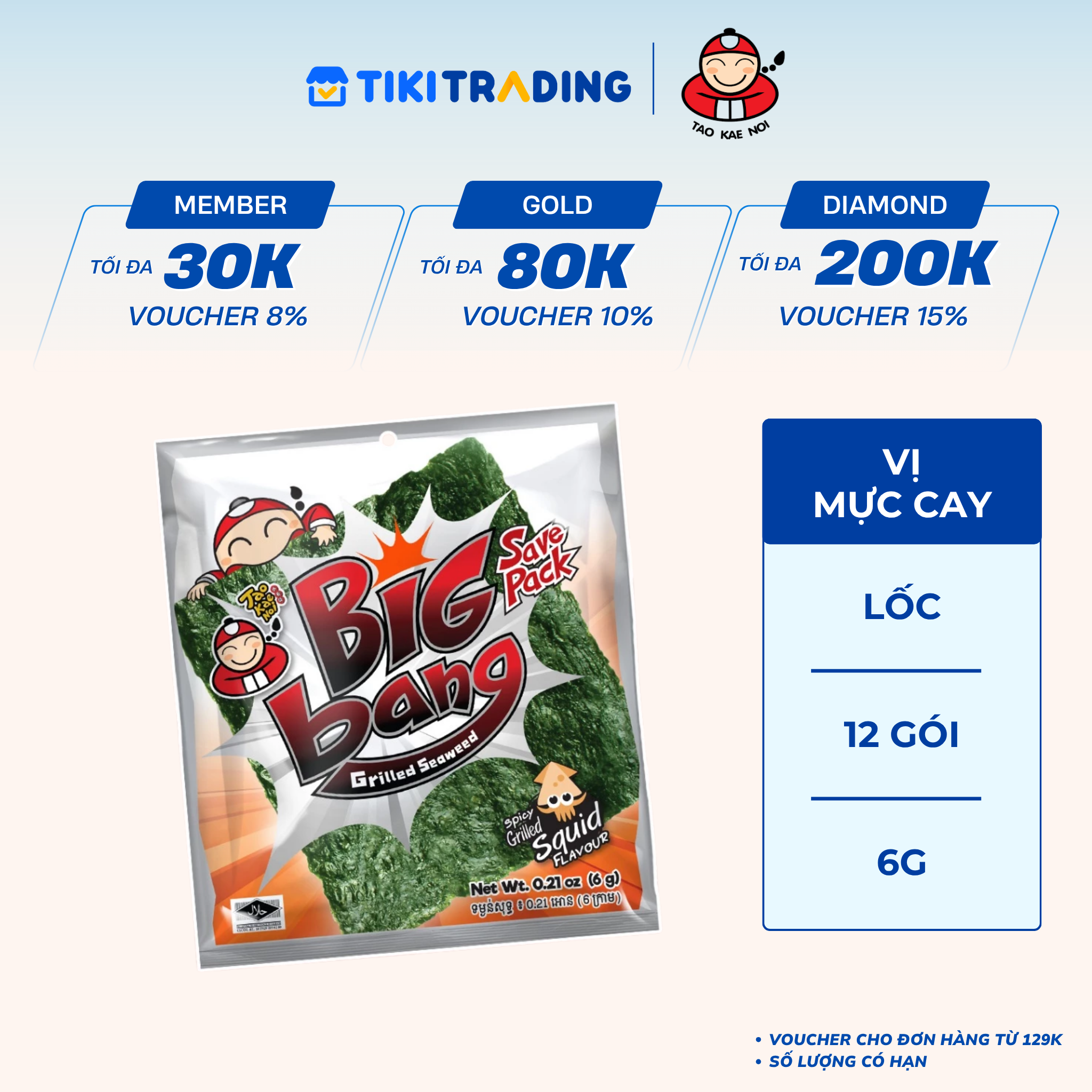 Lốc 12 Gói Snack Rong Biển Taokaenoi Big Bang Vị Mực Cay 6G