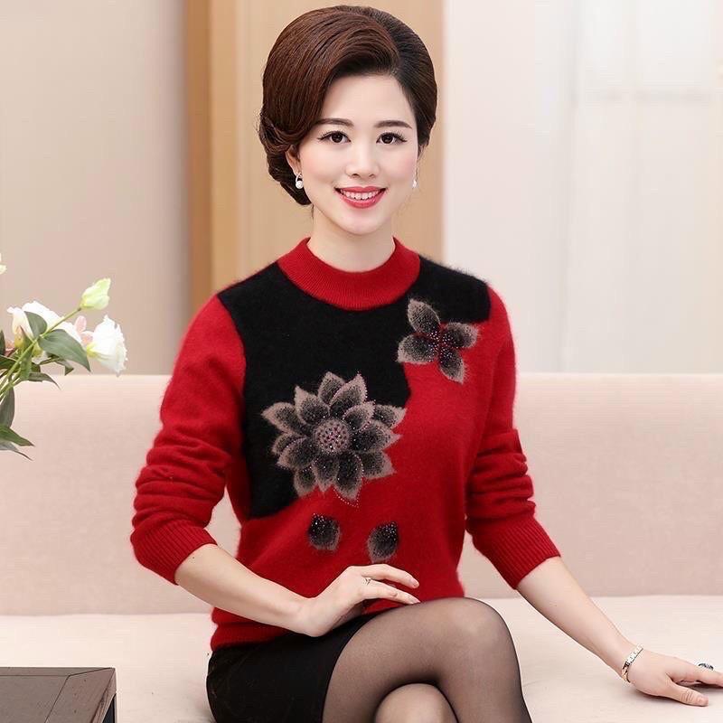 ÁO LEN TRUNG NIÊN PHỐI HOA SANG TRỌNG_ ÁO ẤM MÙA ĐÔNG CHO BÀ CHO MẸ