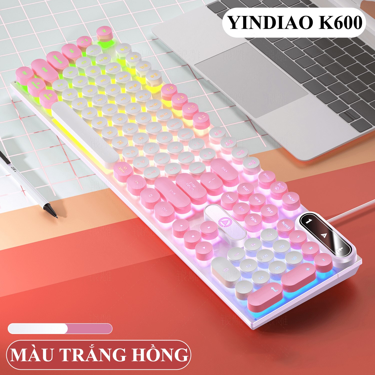 Bàn phím YINDIAO K600 giả cơ nút tròn nhiều màu sắc và có đèn led xuyên phím chuyên game