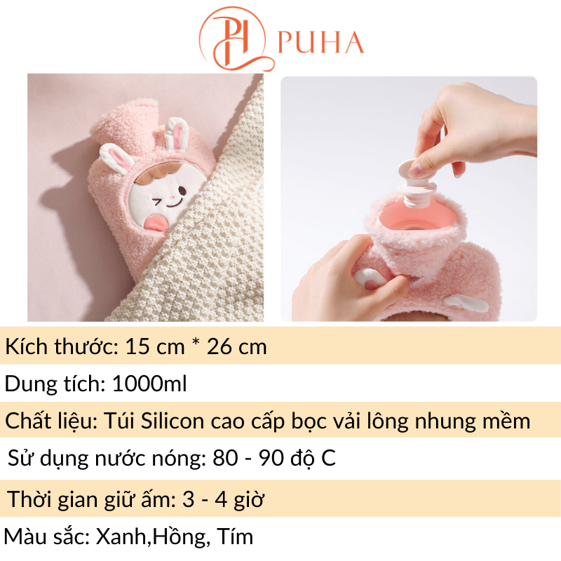 Túi chườm nóng đau bụng kinh PUHA 1000ml, túi sưởi ấm giữ nhiệt đa năng, túi trườm nóng giảm đau hiệu quả họa tiết Thỏ cute