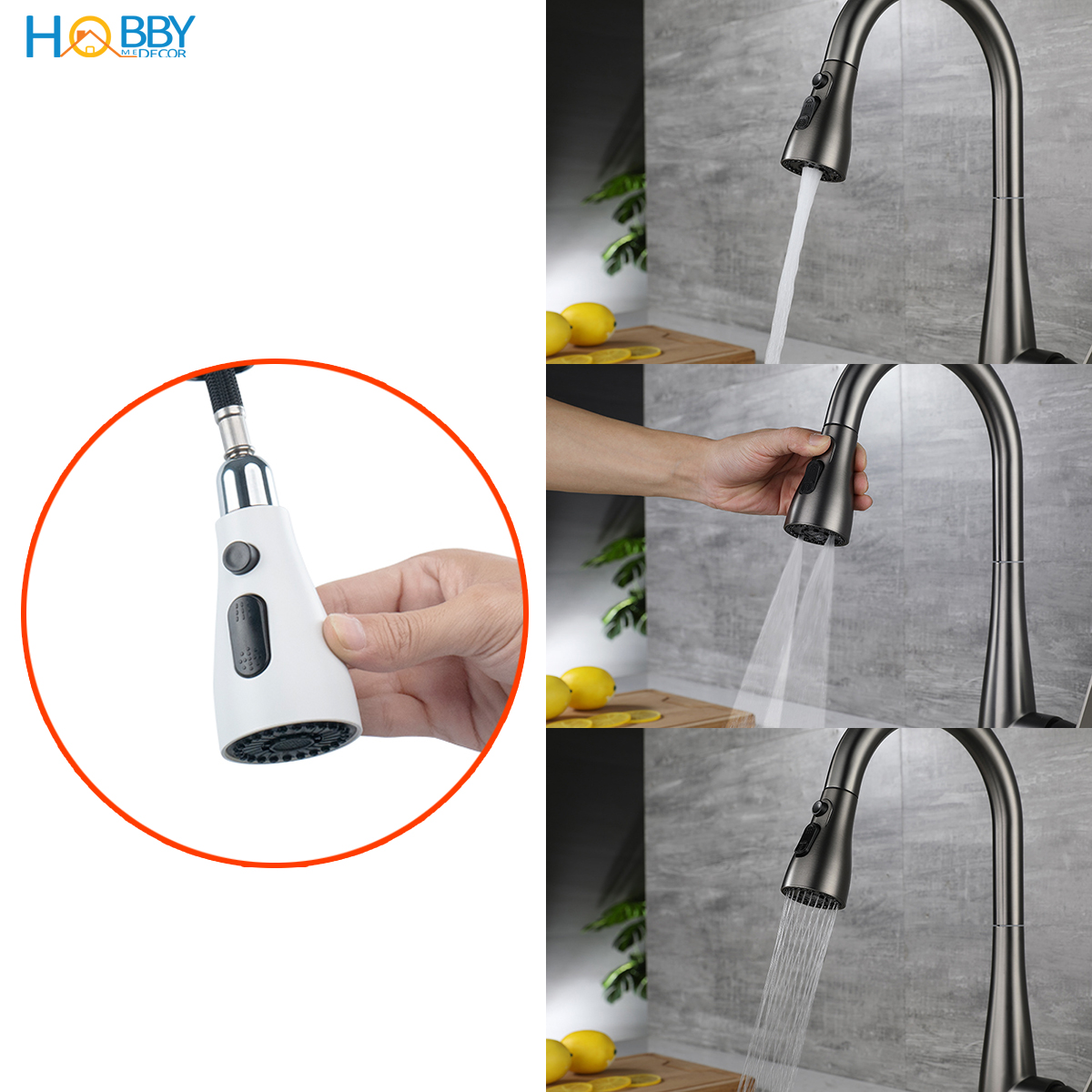 Vòi rửa chén dây rút nóng lạnh 3 chế độ phun Hobby home decor VDR8 inox 304 sơn trắng