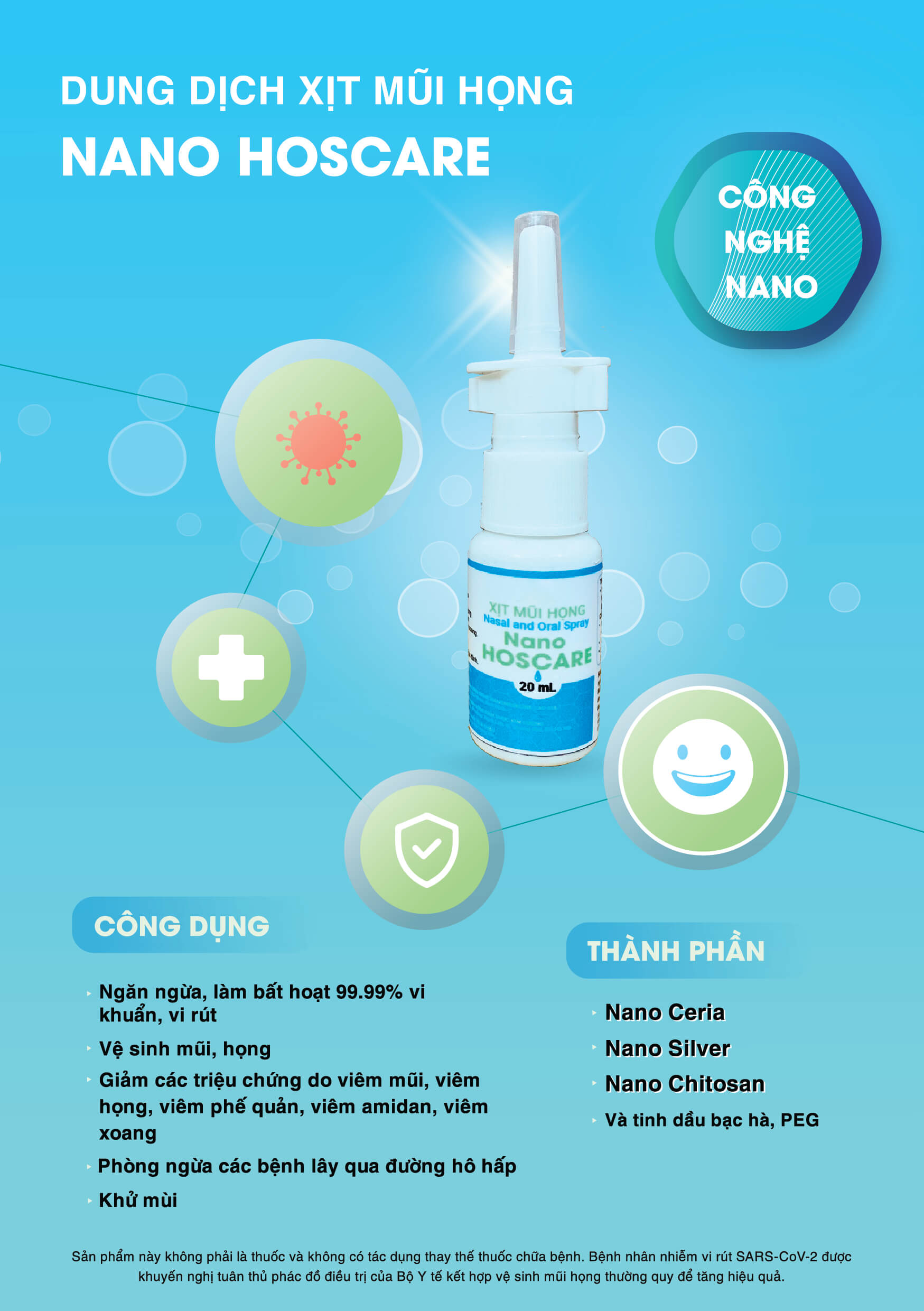 Xịt mũi xoang Nano HOSCARE 20ml - Giảm viêm xoang, nghẹt mũi, viêm mũi, viêm họng