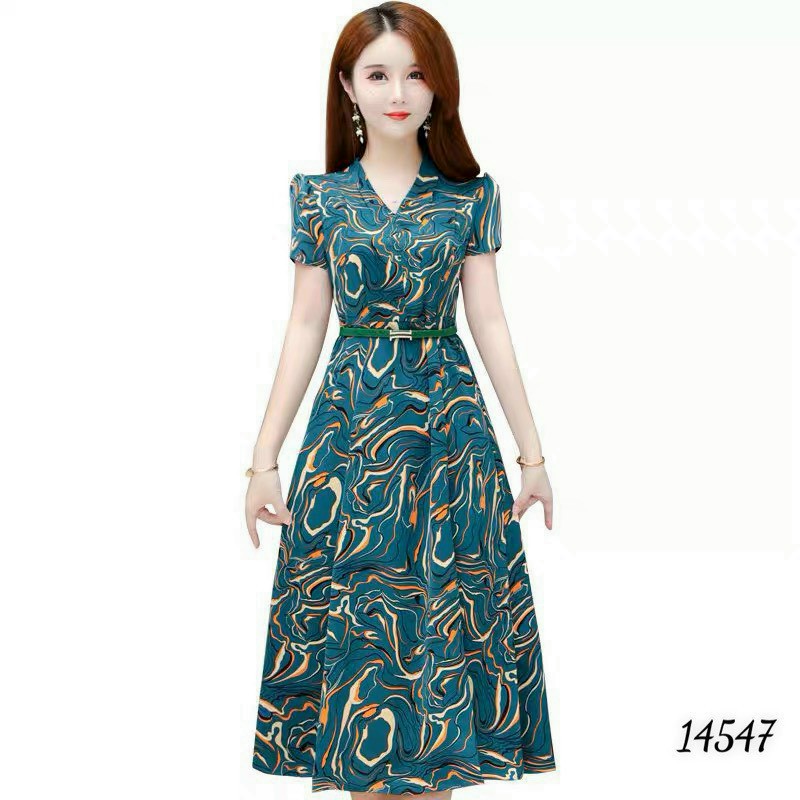 Đầm váy nữ trung niên lụa hoa latin xanh đen dự tiệc đám cưới cao cấp