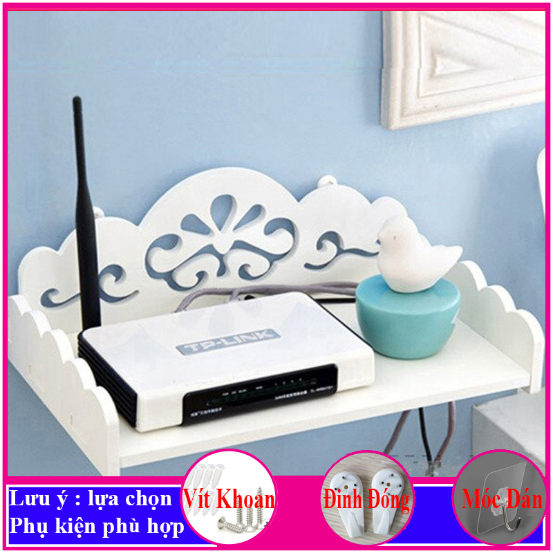 Kệ treo tường, kệ đặt modem wifi, đầu thu kỹ thuật số, remote, điện thoại, chất liệu gỗ Pitech cao cấp màu trắng - a04