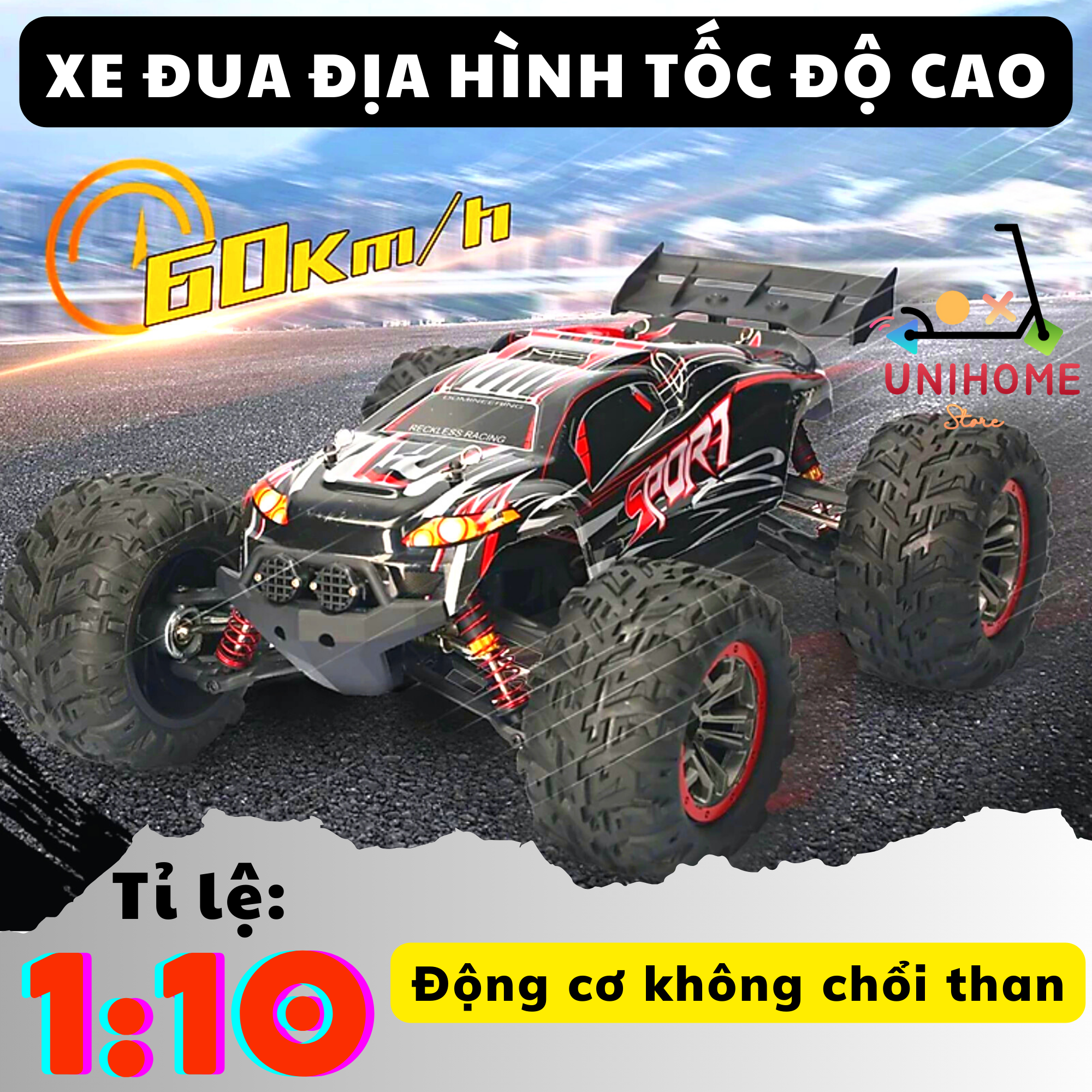 Xe đua địa hình tốc độ cao 60km/h  PVC QX-01 Pro 4WD, Xe địa hình điều khiển từ xa kích thước lớn tỉ lệ 1:10, Sử dụng động cơ không chổi than