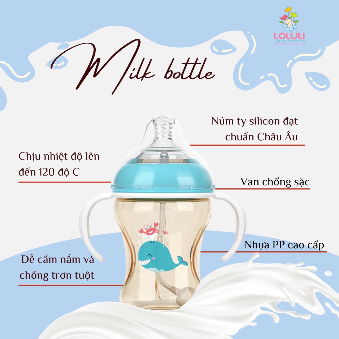 Bình Sữa Loluli PP Cổ Rộng Chống Sặc Cho Bé Chính Hãng - 300ml