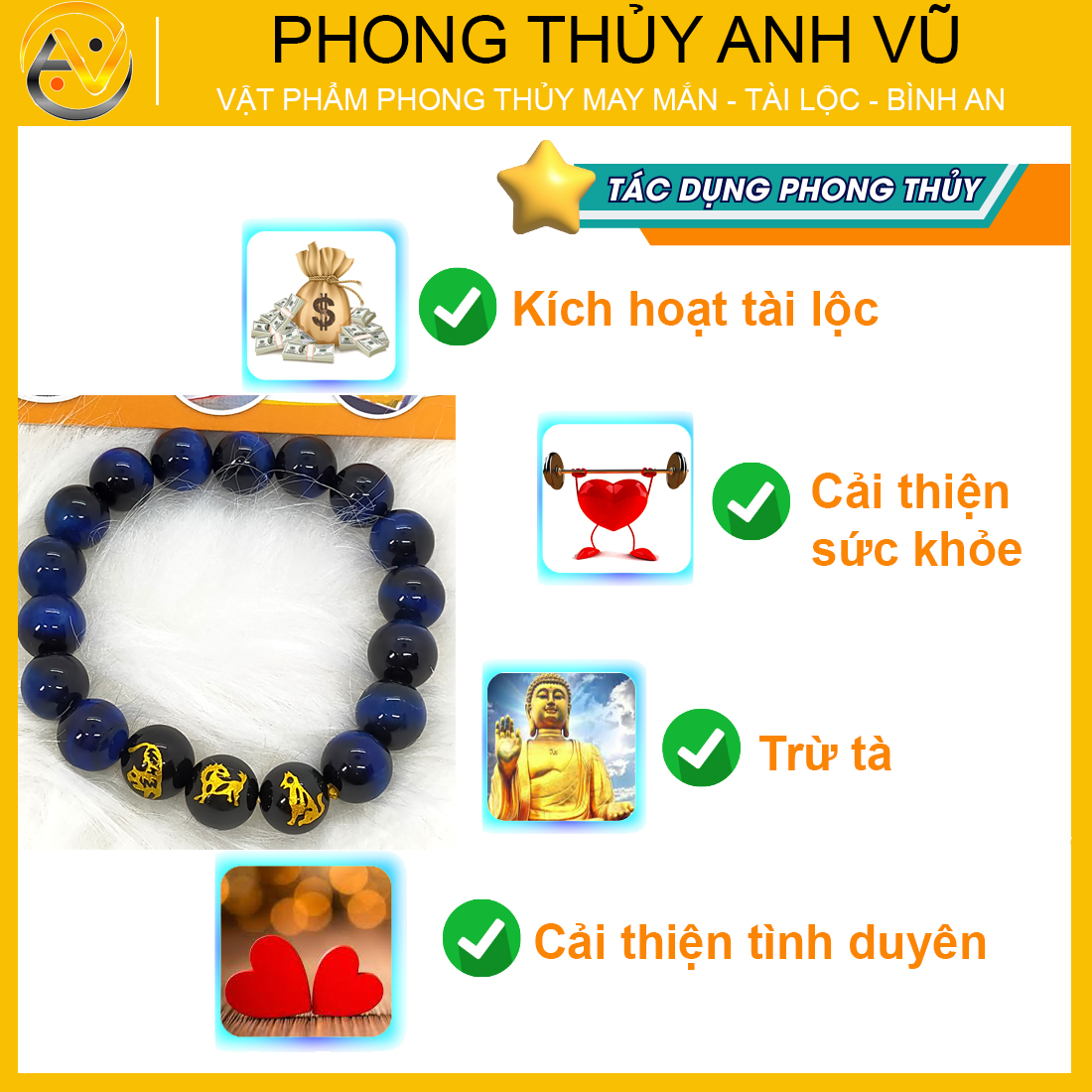 Vòng tam hợp dần ngọ tuất đã khai quang - chất liệu đá mắt hổ xanh dương tự nhiên - size 8 10 12ly cho nam nữ - may mắn tài lộc - Vòng Tam Hợp Anh Vũ