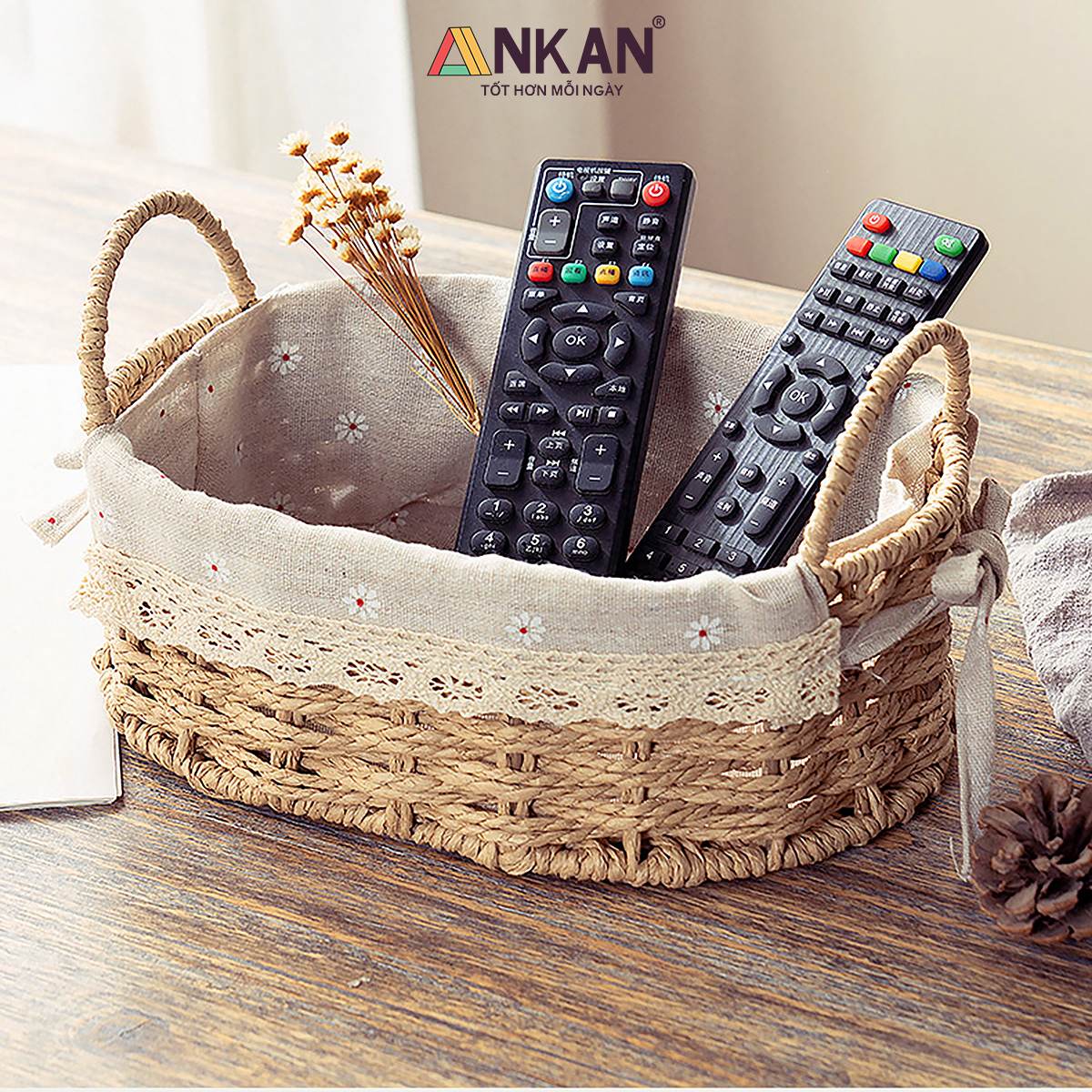 Giỏ Đựng Đồ Ăn Vặt Có Quai Hình Bầu Dục Lót Vải Hoa – Sợi Giấy Cán Mỏng Nhẹ Bền, Dễ Vệ Sinh