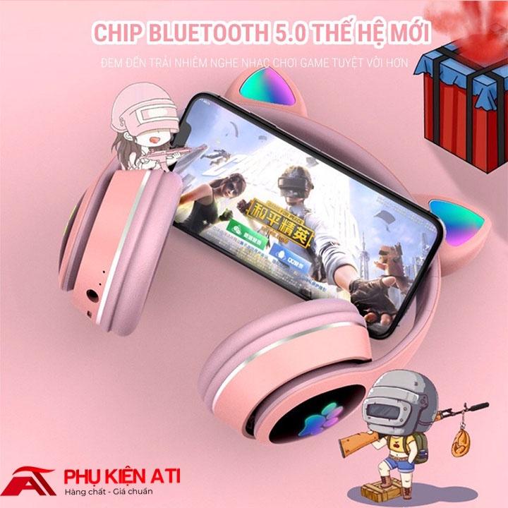 Tai nghe Mèo màu hồng kết nối Bluetooth  chụp tai,Headphone Tai Mèo Dễ Thương Có Mic,Âm Bass Mạnh Mẽ VZV-23M - ATI