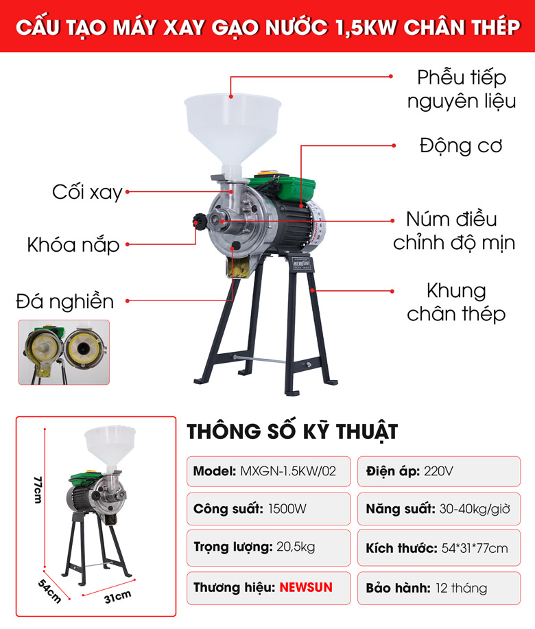 Máy xay bột gạo nước 1,5kW (chân thép) NEWSUN - Hàng chính hãng bảo hành 12 tháng