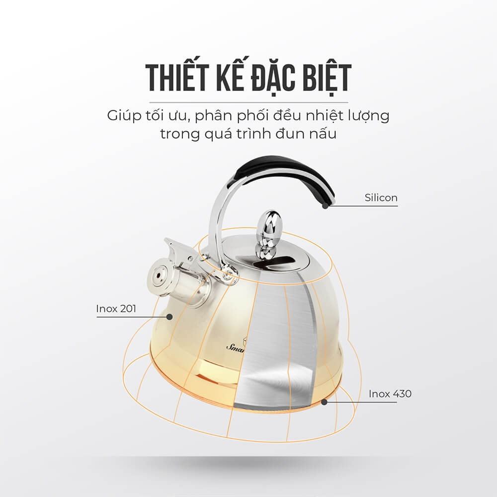 Ấm Đun Nước Inox Cao Cấp Elmich Smartcook SM8280OL 2.5L, Hàng Chính Hãng,Dùng Nhiều Loại Bếp-JoyMall
