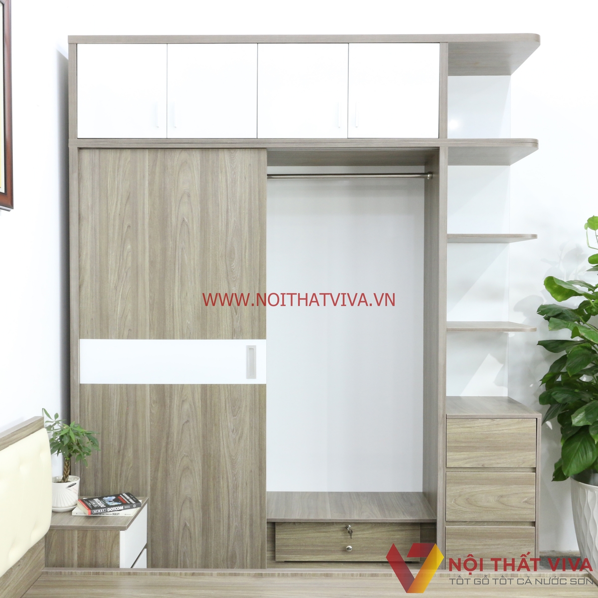 Bộ Combo Phòng Ngủ Tủ Kịch Trần Gỗ MDF Màu Xám Phối Trắng Cao Cấp Đẹp