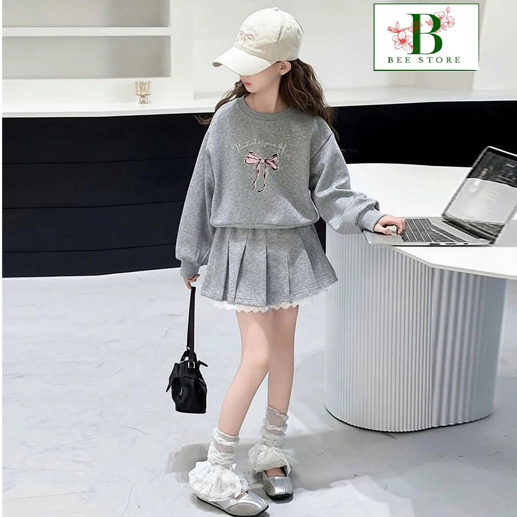 Set Váy Bé Gái Chất Nỉ Da Cá 4C Áo Form Rộng Nơ Mix Chân Váy Xếp Ly Viền Ren Từ 12-45KG Dành Cho Bé Gái