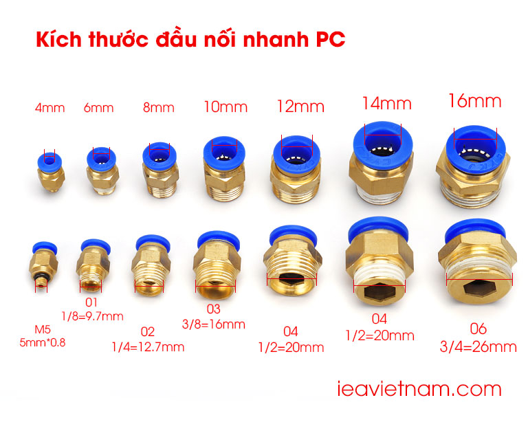 Đầu nối nhanh PC ren ngoài ống 4 6 8 10 12 14 16 ren 01 02 03 04