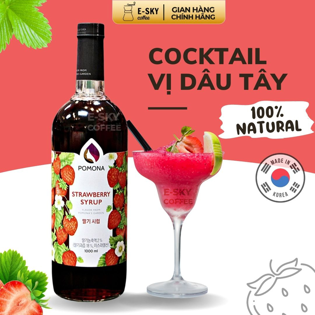 Siro Dâu Tây Pomona Strawberry Syrup Nguyên Liệu Pha Chế Hàn Quốc Chai Thủy Tinh 1 Lít