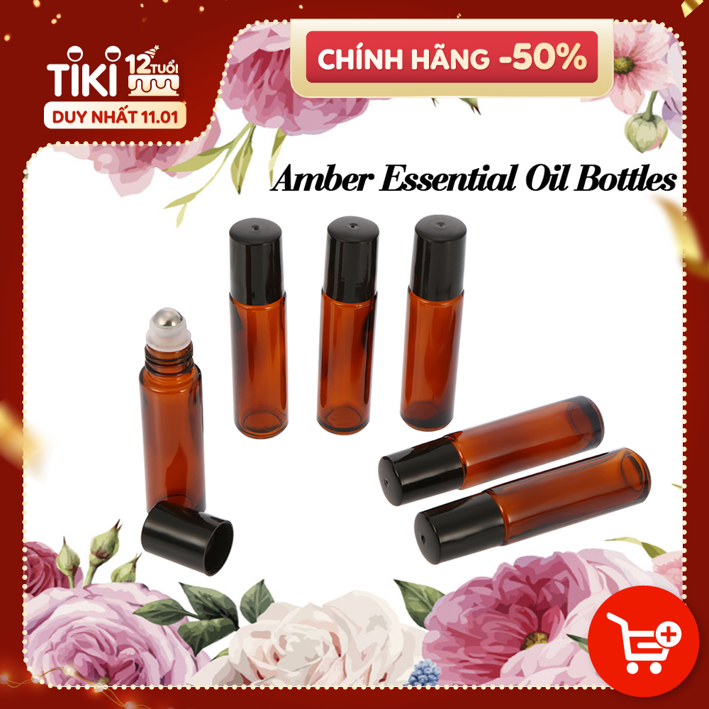 6 chai thủy tinh 10 ml màu hổ phách có con lăn và ống bơm 2ml