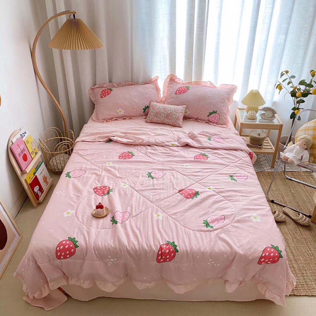 Bộ chăn ga Cotton Đũi phối bèo 100% hàng nhập khẩu siêu mềm mát - họa tiết quả dâu