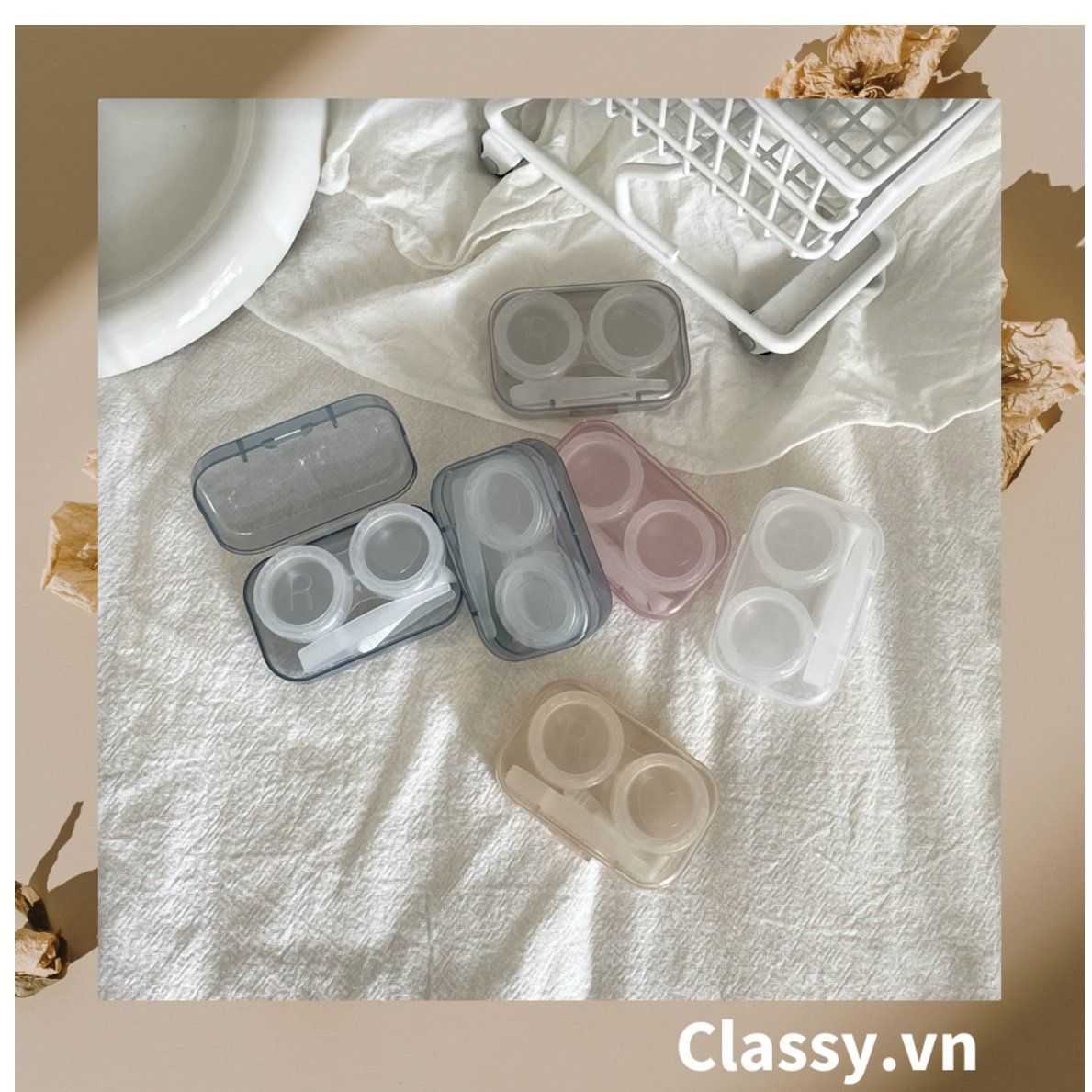 Hộp đựng kính áp tròng đơn sắc tối giản màu be dành cho các bạn nữ yêu thích style minimalism PK1821