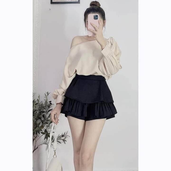 Áo sơ mi lụa lệch vai tay viền cánh rơi