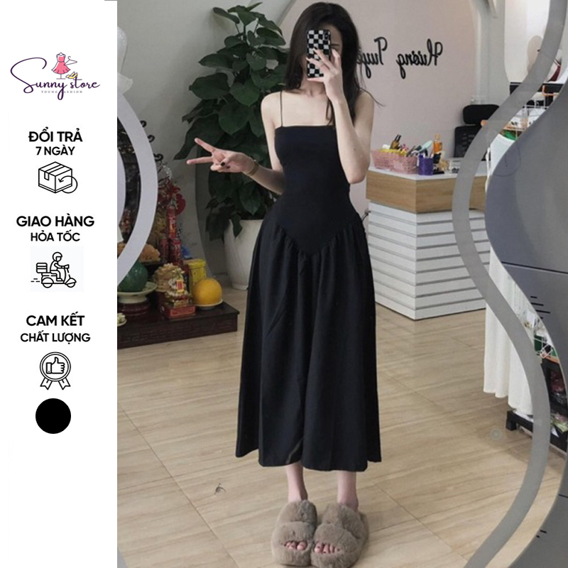 Đầm hai dây xoè, váy body phối thân dáng xoè màu đen sang chảnh dự tiệc hàn quốc