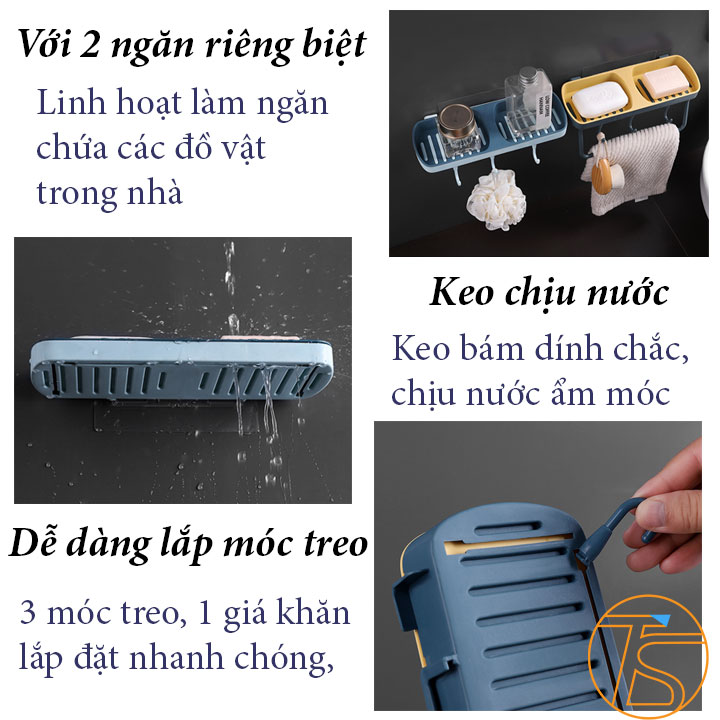 Kệ Xà Phòng Dán Tường Có 2 Ngăn Kèm 3 Móc Và Giá Treo Khăn Trong Phòng Tắm - Kệ Gia Vị Để Đồ Trong Nhà Bếp