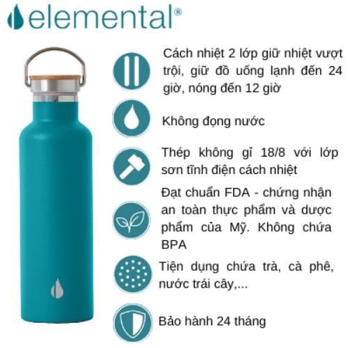 BÌNH GIỮ NHIỆT ELEMENTAL MÀU XANH CỔ VỊT , BÌNH NHẬP KHẨU MỸ, ĐẠT CHUẨN FDA HOA KỲ, THÉP 304 KHÔNG GỈ, GIỮ NÓNG LẠNH