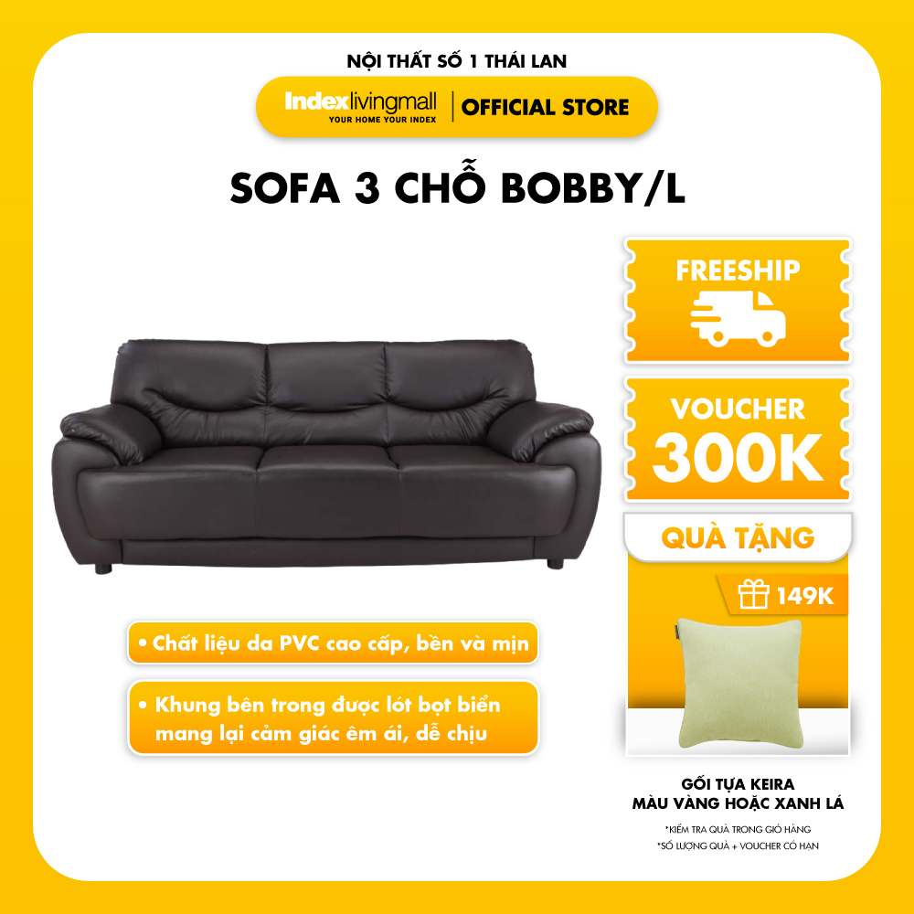 Ghế sofa 3 chỗ BOBBY/L khung gỗ bền chắc, đệm bọc da PVC cao cấp nâu sẫm | Index Living Mall - Phân phối độc quyền tại Việt Nam