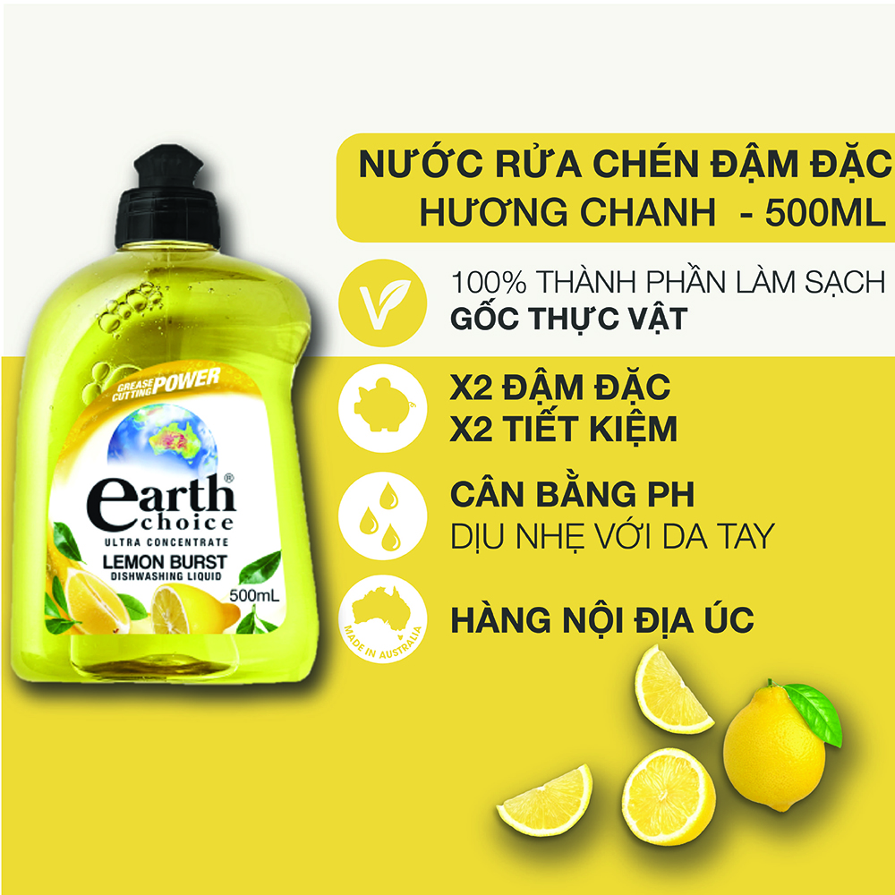 Nước rửa chén đậm đặc Earth Choice hương chanh 500ml