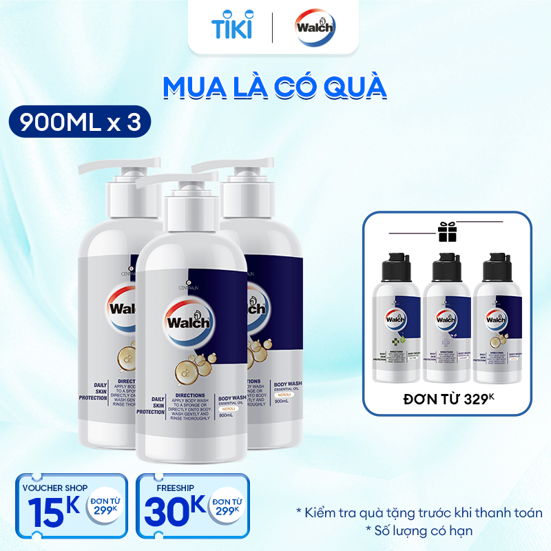 Combo 3 sữa tắm tinh dầu Walch tiêu diệt vi khuẩn, dưỡng ẩm mềm mịn, tái tạo làn da - Hương Neroli (900mlx3 )