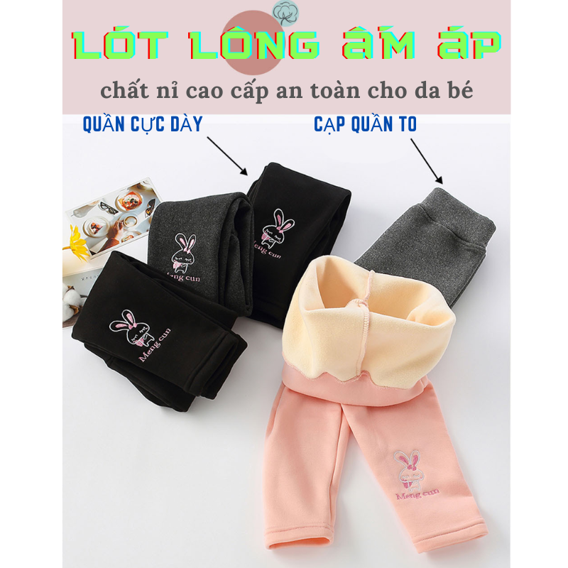 Quần legging bé gái, Quần dài bé gái chất nỉ cotton lót lông dày dặn không bị xù khi mặc size 12kg đến 30kg