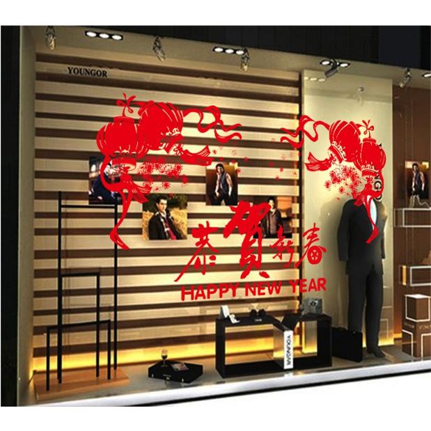 Decal trang trí Tết - Lồng đèn đỏ kèm chữ