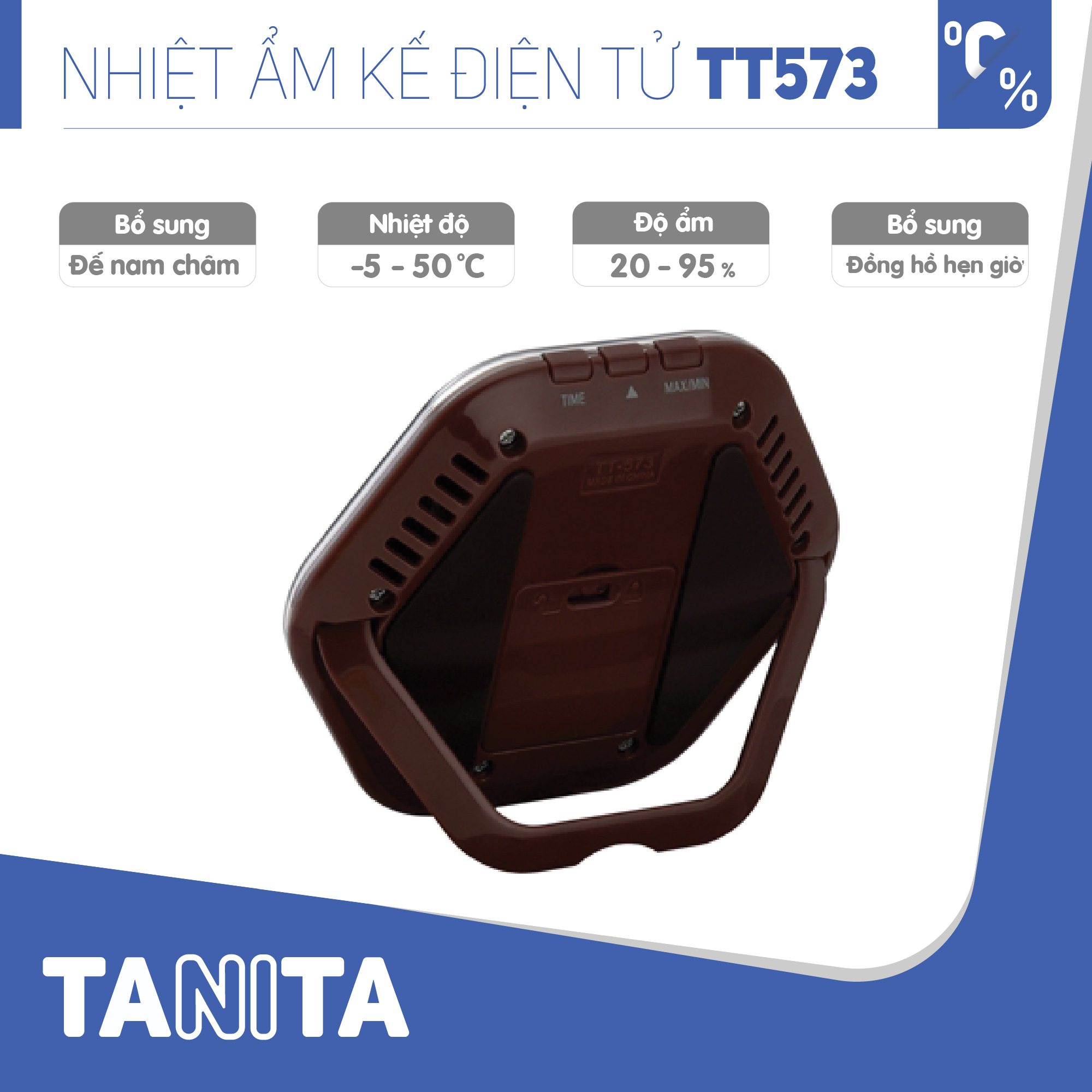 Nhiệt ẩm kế điện tử TANITA TT573 chính hãng nhật bản,thiết bị đo độ ẩm nhiệt độ chính xác,màn hình rõ ràng,hiển thị ngày giờ chuông báo thức,có lỗ treo,chân để bàn phù hợp trong phòng lạnh, bệnh viện, gia đình có trẻ sơ sinh